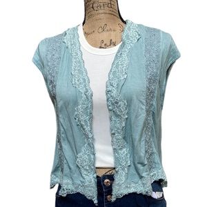 Pol sage lace button down short sleeve blouse
